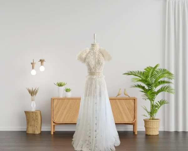 Vintage-Inspired Wedding Gown with Fully Lace Embroidery, and Tulle Frills on the Shoulders (Wedding Dress / Bridal) Vintage-Inspired Wedding Gown with Fully Lace Embroidery, and Tulle Frills on the Shoulders (Wedding Dress / Bridal)