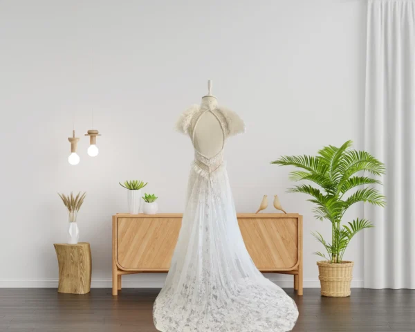 Vintage-Inspired Wedding Gown with Fully Lace Embroidery, and Tulle Frills on the Shoulders (Wedding Dress / Bridal) Vintage-Inspired Wedding Gown with Fully Lace Embroidery, and Tulle Frills on the Shoulders (Wedding Dress / Bridal)