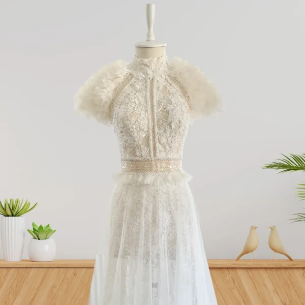 Vintage-Inspired Wedding Gown with Fully Lace Embroidery, and Tulle Frills on the Shoulders (Wedding Dress / Bridal) Vintage-Inspired Wedding Gown with Fully Lace Embroidery, and Tulle Frills on the Shoulders (Wedding Dress / Bridal)