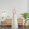 Simple and Elegant Chiffon Skirt Wedding Dress with Unembellished Lace and Tie-Back Detail (Wedding Dress / Bridal) Simple and Elegant Chiffon Skirt Wedding Dress with Unembellished Lace and Tie-Back Detail (Wedding Dress / Bridal)