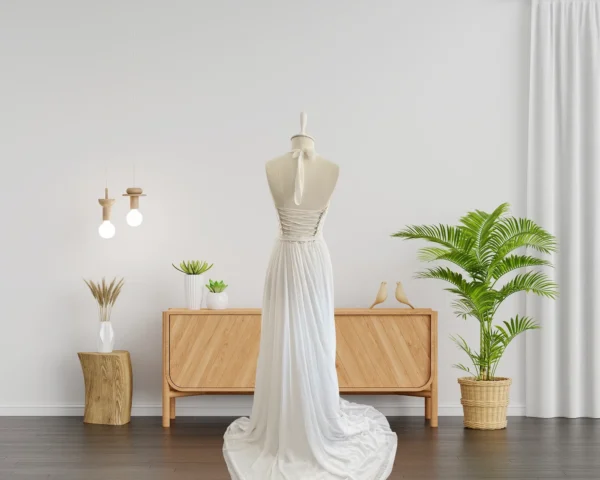 Simple and Elegant Chiffon Skirt Wedding Dress with Unembellished Lace and Tie-Back Detail (Wedding Dress / Bridal) Simple and Elegant Chiffon Skirt Wedding Dress with Unembellished Lace and Tie-Back Detail (Wedding Dress / Bridal)