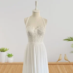 Simple and Elegant Chiffon Skirt Wedding Dress with Unembellished Lace and Tie-Back Detail (Wedding Dress / Bridal) Simple and Elegant Chiffon Skirt Wedding Dress with Unembellished Lace and Tie-Back Detail (Wedding Dress / Bridal)