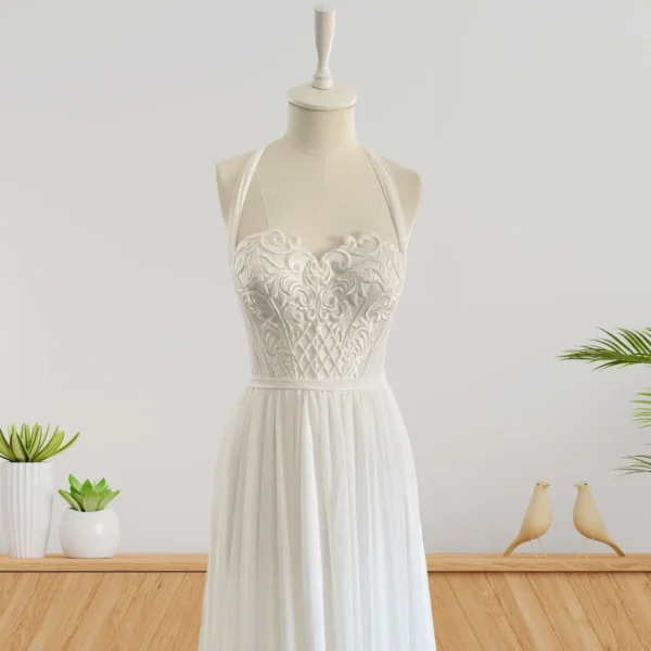 Simple and Elegant Chiffon Skirt Wedding Dress with Unembellished Lace and Tie-Back Detail (Wedding Dress / Bridal) Simple and Elegant Chiffon Skirt Wedding Dress with Unembellished Lace and Tie-Back Detail (Wedding Dress / Bridal)
