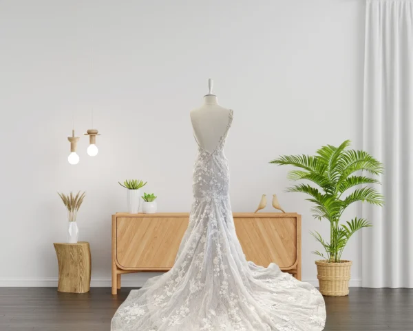 Elegant Mermaid Wedding Gown with Delicate 3D Lace, Long Train, and Asymmetrical One-Shoulder Design (Wedding Dress / Bridal) Elegant Mermaid Wedding Gown with Delicate 3D Lace, Long Train, and Asymmetrical One-Shoulder Design (Wedding Dress / Bridal)