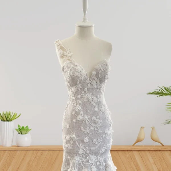 Elegant Mermaid Wedding Gown with Delicate 3D Lace, Long Train, and Asymmetrical One-Shoulder Design (Wedding Dress / Bridal) Elegant Mermaid Wedding Gown with Delicate 3D Lace, Long Train, and Asymmetrical One-Shoulder Design (Wedding Dress / Bridal)
