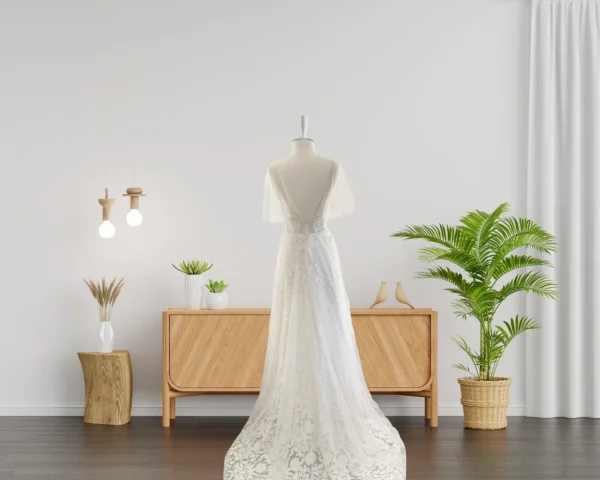 Boho Chic Wedding Gown with Tulle Sleeve Detail, Draped Bodice, and Exquisite Embroidered Lace Covering (Wedding Dress / Bridal) Boho Chic Wedding Gown with Tulle Sleeve Detail, Draped Bodice, and Exquisite Embroidered Lace Covering (Wedding Dress / Bridal)