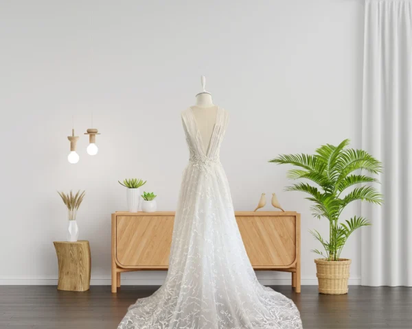 Sophisticated V-Neck Wedding Gown with Dramatic Organza Draping and Lace Skirt (Wedding Dress / Bridal) Sophisticated V-Neck Wedding Gown with Dramatic Organza Draping and Lace Skirt (Wedding Dress / Bridal)