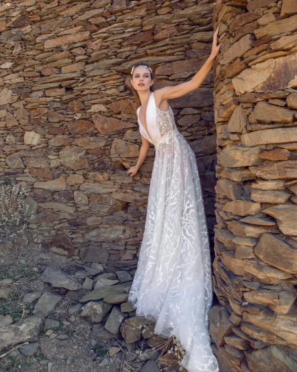 Sophisticated V-Neck Wedding Gown with Dramatic Organza Draping and Lace Skirt (Wedding Dress / Bridal) Sophisticated V-Neck Wedding Gown with Dramatic Organza Draping and Lace Skirt (Wedding Dress / Bridal)