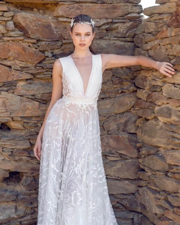 Sophisticated V-Neck Wedding Gown with Dramatic Organza Draping and Lace Skirt (Wedding Dress / Bridal) Sophisticated V-Neck Wedding Gown with Dramatic Organza Draping and Lace Skirt (Wedding Dress / Bridal)