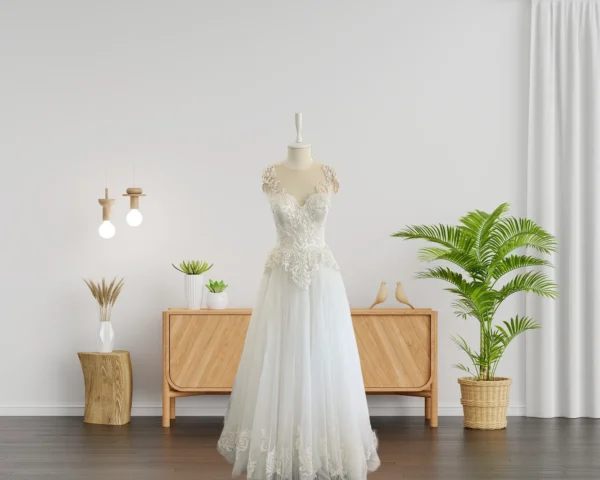 Chic Custom-Made Wedding Gown with Flattering A-Line Skirt and Beautiful Lace Embellishments (Wedding Dress / Bridal) Chic Custom-Made Wedding Gown with Flattering A-Line Skirt and Beautiful Lace Embellishments (Wedding Dress / Bridal)