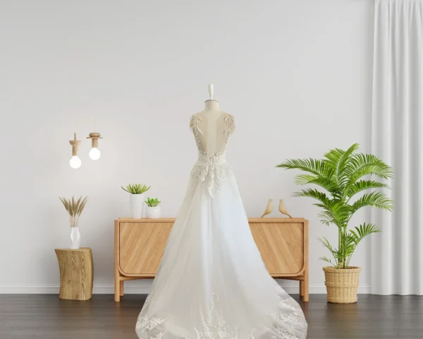 Chic Custom-Made Wedding Gown with Flattering A-Line Skirt and Beautiful Lace Embellishments (Wedding Dress / Bridal) Chic Custom-Made Wedding Gown with Flattering A-Line Skirt and Beautiful Lace Embellishments (Wedding Dress / Bridal)