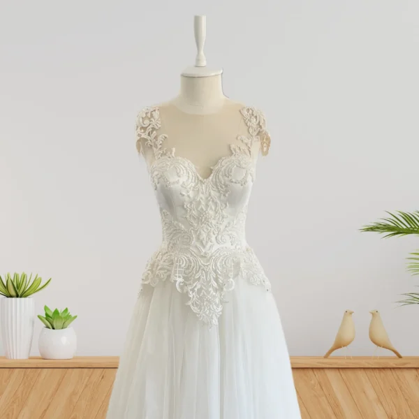 Chic Custom-Made Wedding Gown with Flattering A-Line Skirt and Beautiful Lace Embellishments (Wedding Dress / Bridal) Chic Custom-Made Wedding Gown with Flattering A-Line Skirt and Beautiful Lace Embellishments (Wedding Dress / Bridal)